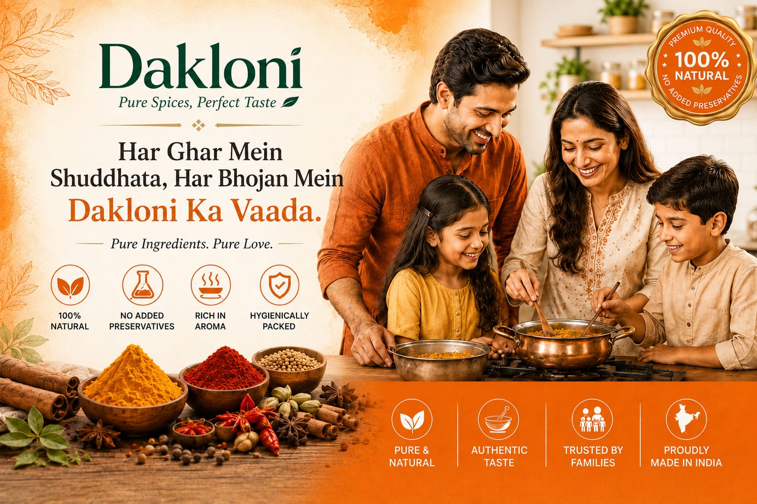 Dakloni — Har Ghar Mein Shuddhata, Har Bhojan Mein Dakloni Ka Vaada. Pure, natural, hygienically packed spices trusted by families across India.